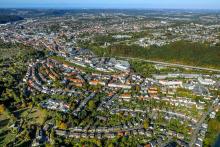 Luftbild, Übersicht Hagen Zentrum, Theater an der Volme, Volme, Elbershallen, Sprungwerk Hagen, Dödterstraße, Stadtbücherei Hagen, Springe, Am Krähnocken, Hagen, Ruhrgebiet, Nordrhein-Westfalen, Deutschland, Europa