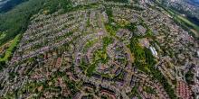 Luftbild, Saarner Kuppe, kreisförmige Wohnsiedlung, Luxemburger Allee, Fisheye Aufnahme, Fischaugen Aufnahme, 360 Grad Aufnahme, Saarn, Mülheim an der Ruhr, Ruhrgebiet, Nordrhein-Westfalen, Deutschland